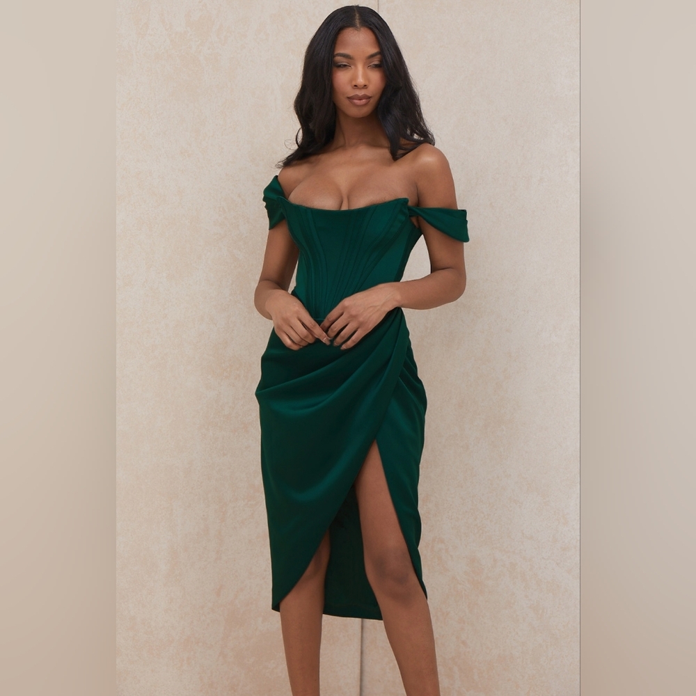 House of CB  Loretta Emerald Green Satin Off Shoulder Dress Size XS